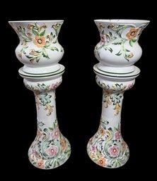 Hollywood Regency Majolica Jardine Planters On Stands Pair (LR)