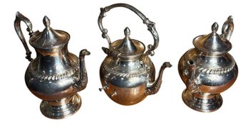 Silver On Copper Ornate Teapots 3pc