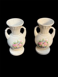 Small Ceramic Floral Double Handled Pottery Vase Pair