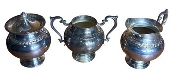 Silver On Copper Ornate Covered Sugar Bowls And Creamer 3pc(B)