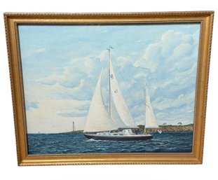 Sailing Ship In Marblehead Original Painting In Gold Tone Frame (LR)