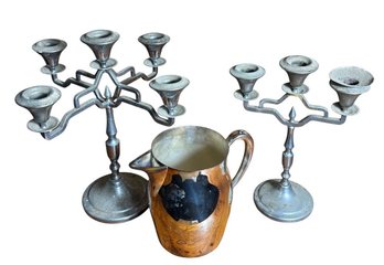Farberware New York Silver Plated Candelabra Pair & Water Pitcher