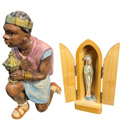 Black Wise Man Nativity Figurine & Wooden Mother Mary Decor