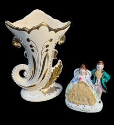 English Cream Horn Vase & Small Victorian Style Couple Figurine