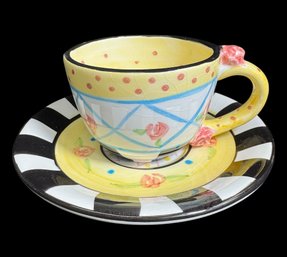 Striped & Polka Dot Rose Teacup & Saucer Pair