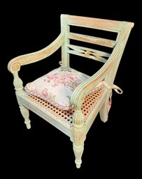 Small Green Carved Wooden Chair With Woven Rush Seating