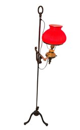 Early American Brass Students Lamp With Red Shade Works! (DR)