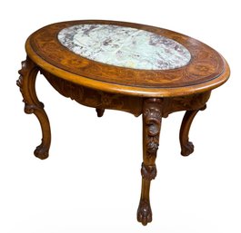Carved & Inlaid Wooden Marble Top Accent Table (DR)