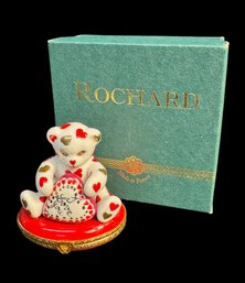 Limoges Signed Teddy Bear With Hearts Trinket Box