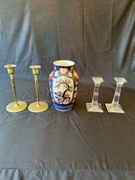 Antique Japanese Imari Vase And 2 Pairs Of Candlesticks
