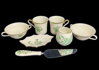 Lenox Holiday Mistletoe Mugs, Tray, Votive & Cake Server 7pc