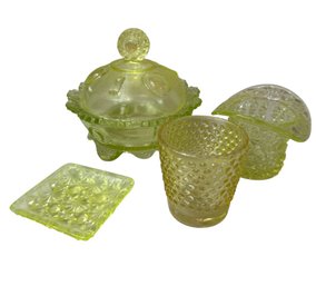 Vaseline Glass Covered Dish, Top Hat, Cup & Plate (DR)