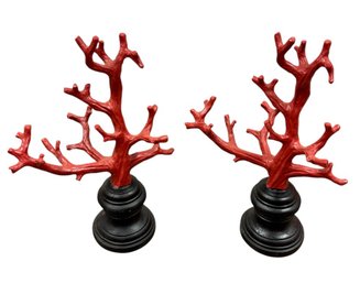 Faux Red Corral On Wooden Stand Pair