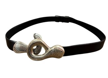 Chicos Silver Tone Adjustable Black Leather Belt