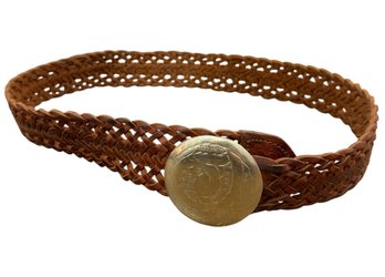 Brown Braided Leather Belt With Silver Buckle