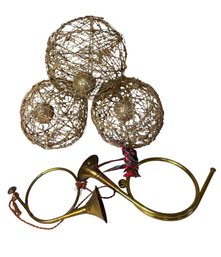 Brass Horns & Gold Tone Balls Christmas Decorations 5pc (DR)