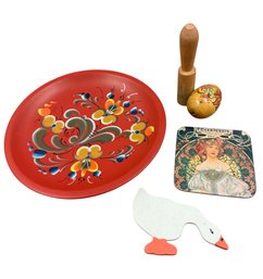 Norwegian Rosemaling Plate, Painted Wooden Egg & Assorted Decor 5pc