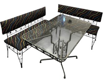 Wrought Iron Glass Top Kitchen Table & Matching Bench Set Iron Stars Solid (B)