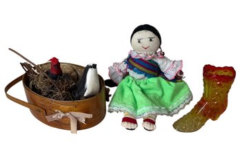 Peruvian Cloth Doll, Amberina Glass Boot & Basket Of Birds (DR)