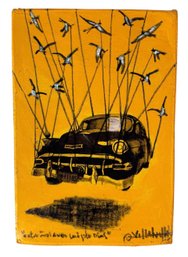 Original Signed Painting On Canvas Vintage Car Suspended By Birds