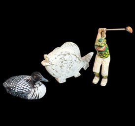 Wooden & Resin Fish, Golfer & Loon Figurines 3pc
