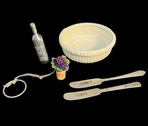 Nantucket Wine Coaster, Studded Grape Cork, Cheese Knives & Pewter Wine Bottle