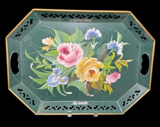Metal Cottage Tole Gilded & Handled Floral Green Serving Tray Hand Painted (B)