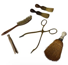 Brass Fireplace Tongs & Assorted Wooden Brushes (DR)
