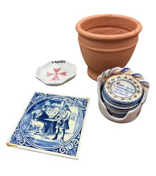 Blue Delft Tile, Portuguese Coasters & European Pottery 4pc