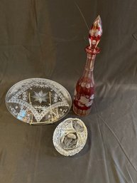Decanter Cut Crystal And Etched Glass 3pcs