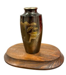 Japanese Pagoda Engraved Metal Vase On Wooden Stand