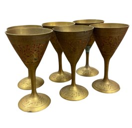 Indian Etched Brass Water Goblets 6pc