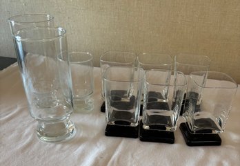 9 Drinking Glasses-6 4' Black Stemmed And 3 Clear K
