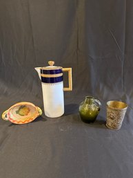 Coffee Pot Italian Dish Green Glass Brass Cup