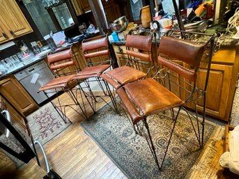 Four Leather & Wrought Iron Counter Stools (K)