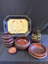 Curling Themed Tray Wood Salad Bowls Pitcher