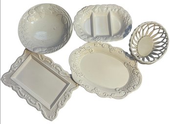 Porcelain Weaved Basket, Ceramic Serving Plater & Bowl 5pc