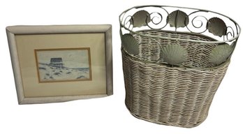 Nautical Seashell Wicker Waste Basket & House By The Sea Framed Print (K)