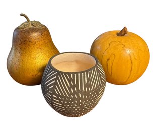 Native American Small Pottery Vessel & Wooden Fruit (DR)