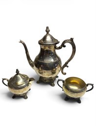 Silver Plated Tea Kettle, Cream Pitcher & Footed Dish (B)