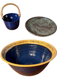 Italian Pasta Bowl, Bamboo Handled Blue Pottery Basket And Glazed Pottery Plate (DR)