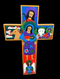 El Salvadoran Handpainted & Carved Cross Religious Wood Block Hanging Wall Art (B)