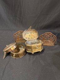 Pair Of  Bookends, And Two Boxes Brass