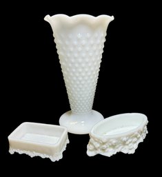 Hobnail Milk Glass Trumpet Vase & Trinket Dishes (B)