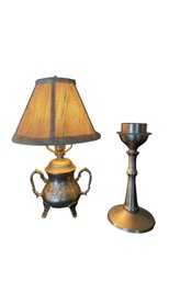 Pewter Lamp & Candlestick  (l)