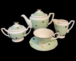 Cynthia Rowley Green Gold Polka Dot Teapot, Creamer, Sugar, Teacup & Saucer Set