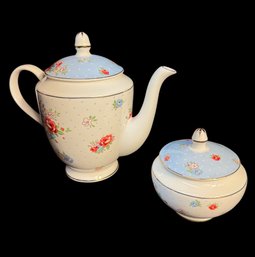 Cynthia Rowley Bone China Baby Blue Rose Teapot & Sugar Dish