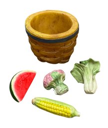 Clay Pottery Basket Full Of Fruit & Veggies Figurine