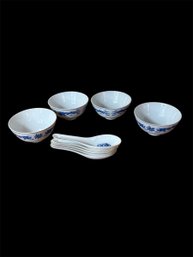 Chinese Blue Dragon Gilded Rim Rice Bowls And Spoons 9pc (DR)