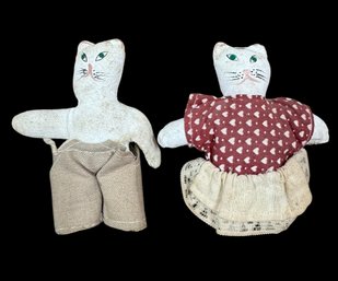 Antique Folk Art Painted Rag Doll Cat Couple